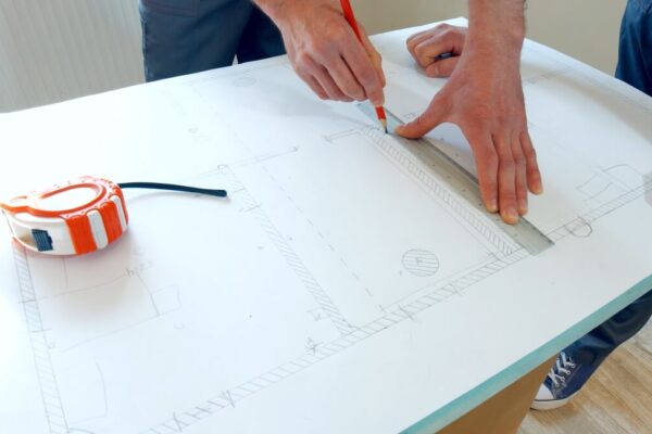 Mężczyzna rysuje projekty domów stalowych na papierze technicznym.