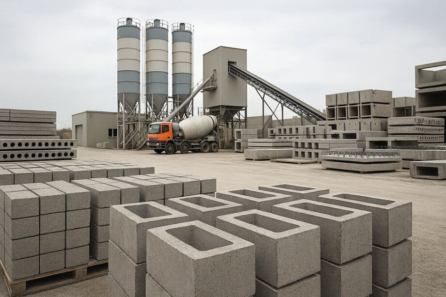 Plac zakładu przemysłowego z widocznym starobrukiem oraz betonowymi blokami i betonowozem.